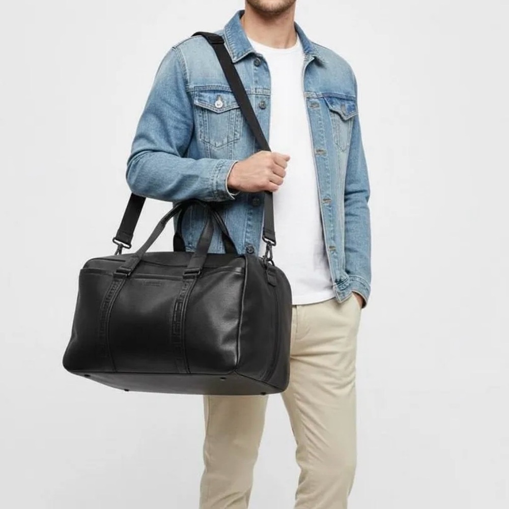 David Jones Black Leather Travel Duffle Bag Gym Weekender 20x11x9 in - Picture 4 of 12